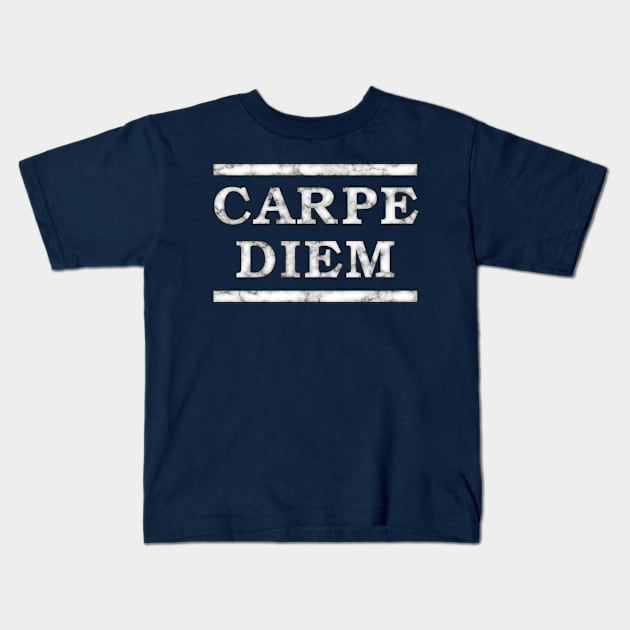 Carpe Diem, Roman Latin Motto in White Marble Effect Kids T-Shirt by SolarCross